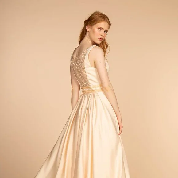NEW LONG SLEEVELESS A-LINE SATIN DRESS WITH SCOOP NECKLINE AND SHEER BACK GL2531 - Picture 7 of 10
